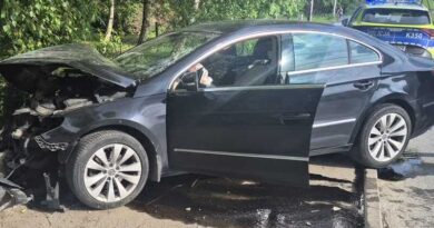 Volkswagen uderzył w słup energetyczny w Siedliskach