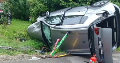 Dachowanie peugeota w Wesołej. Trzy osoby, w tym roczne dziecko, trafiły do szpitala