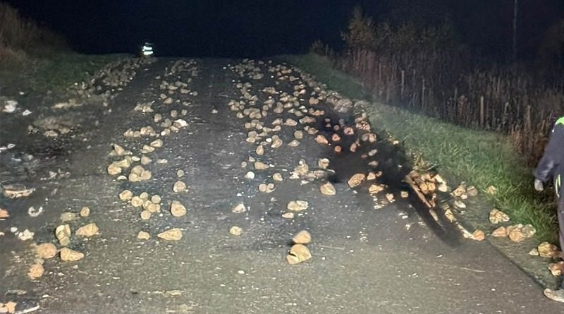Rozsypane buraki na drodze w Jabłonicy Ruskiej. Interweniowali strażacy